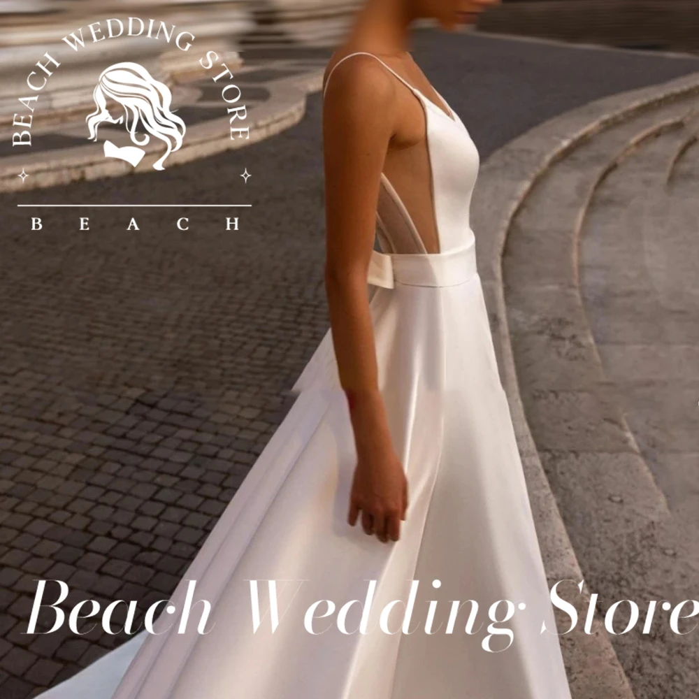 Beach Customized Wedding Women V Neck Backless A Line Satin Sleeveless Sexy Simple Bride Dress Beach Bridal Gowns Robe De Mari