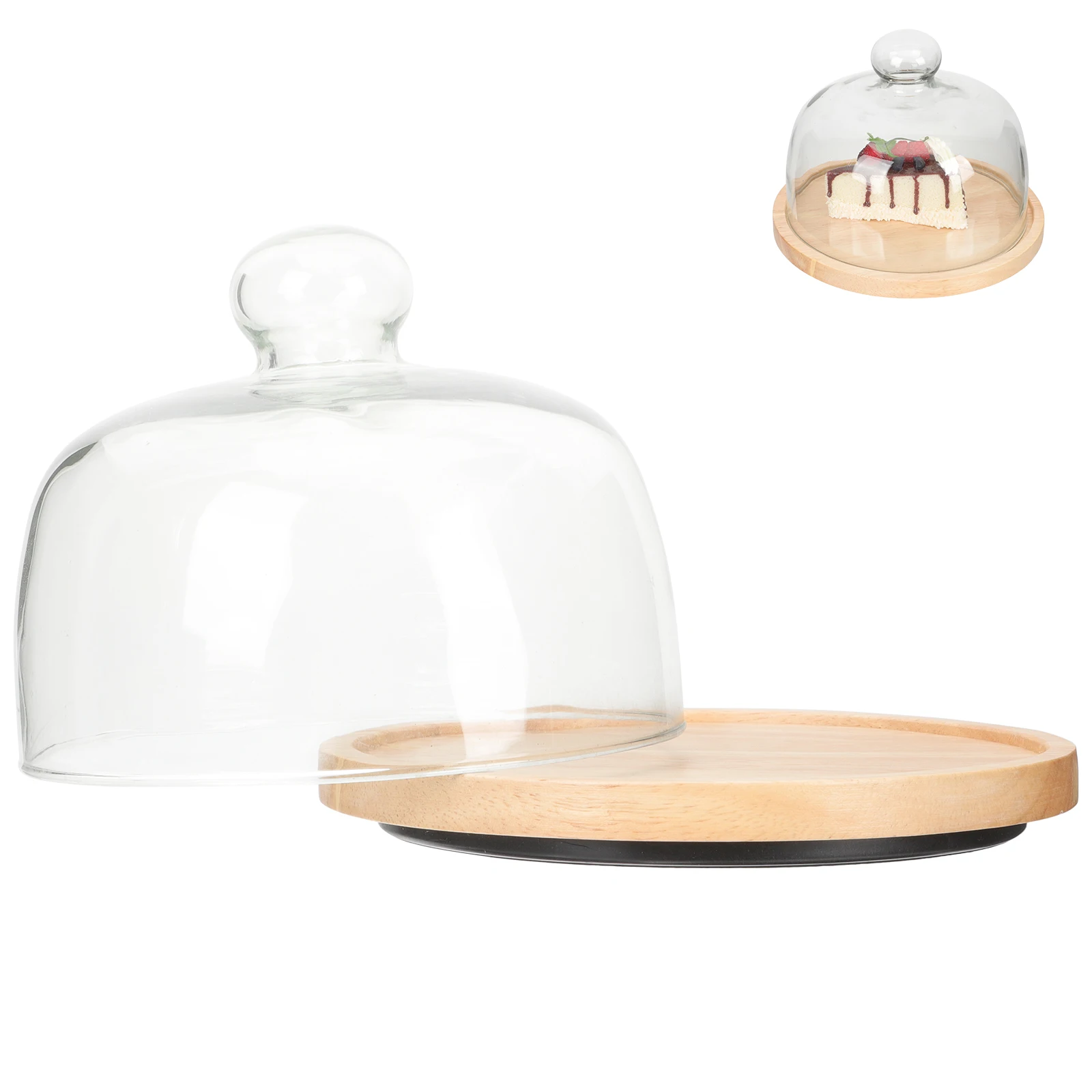 

Clear Dome Cake Decorative Tray for Kitchen Parties Wood Base Display Plate Multipurpose Restaurant Serving Cake