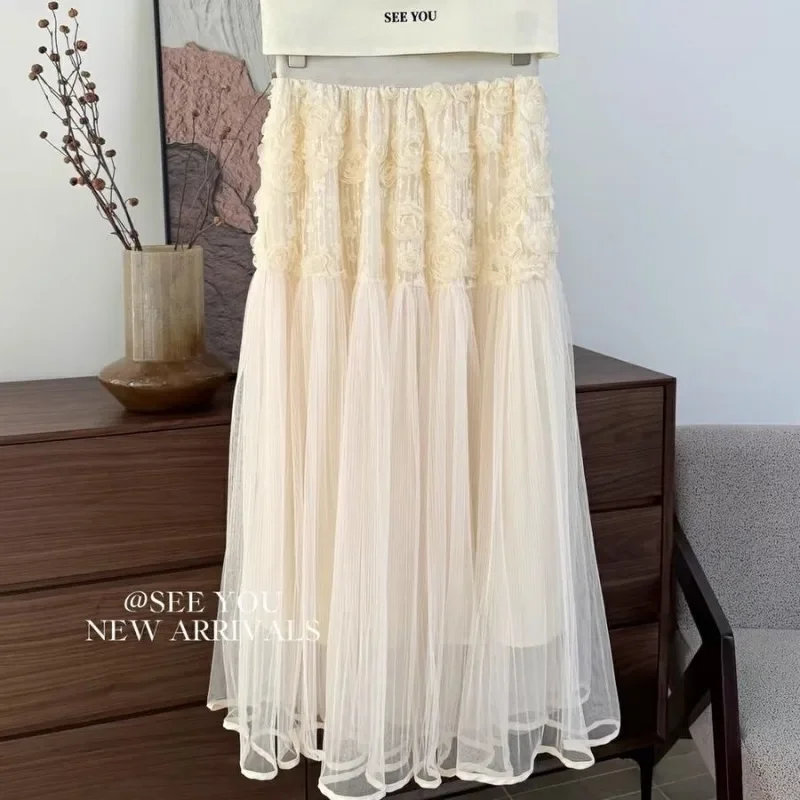 Falda larga de malla con flores en 3d para mujer, faldas de playa acampanadas de cintura alta para primavera y verano, falda de diseño dulce coreano 2025