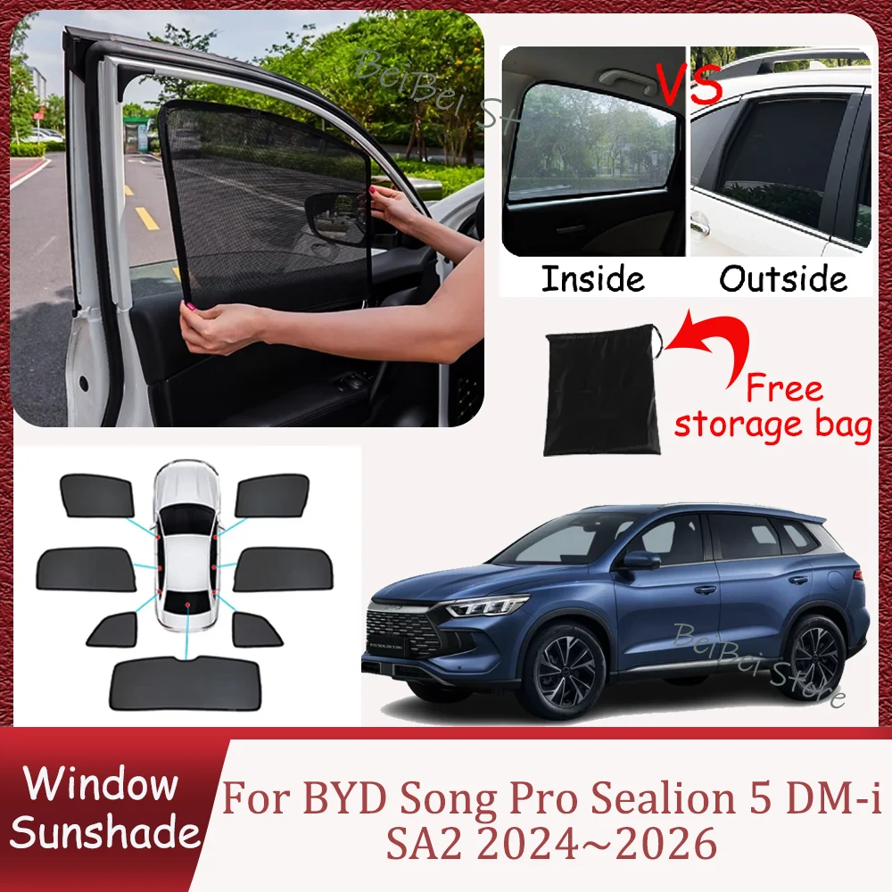 For BYD Song Pro Sealion 5 DM-i SA2 2024~2026 2025 Car Magnetic Mesh Privacy Sunshade Side Window Sun Shade Interior Accessories