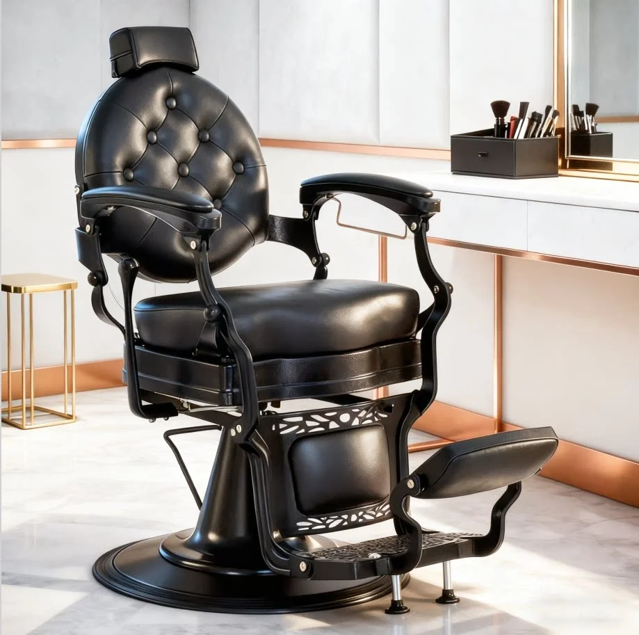 Vintage Style Steel Frame Barber Chair Professional Hydraulic Pump Adjustable Footrest Leather Seat-Retro Design Hotel School