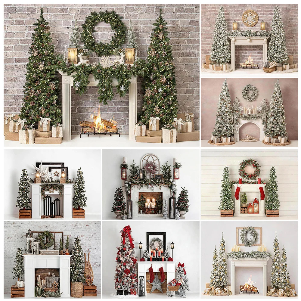White Christmas Birthday Portrait Background Fireplace Xmas Tree Wreath Winter Family Party Backdrop Photo Studio Shoot Props
