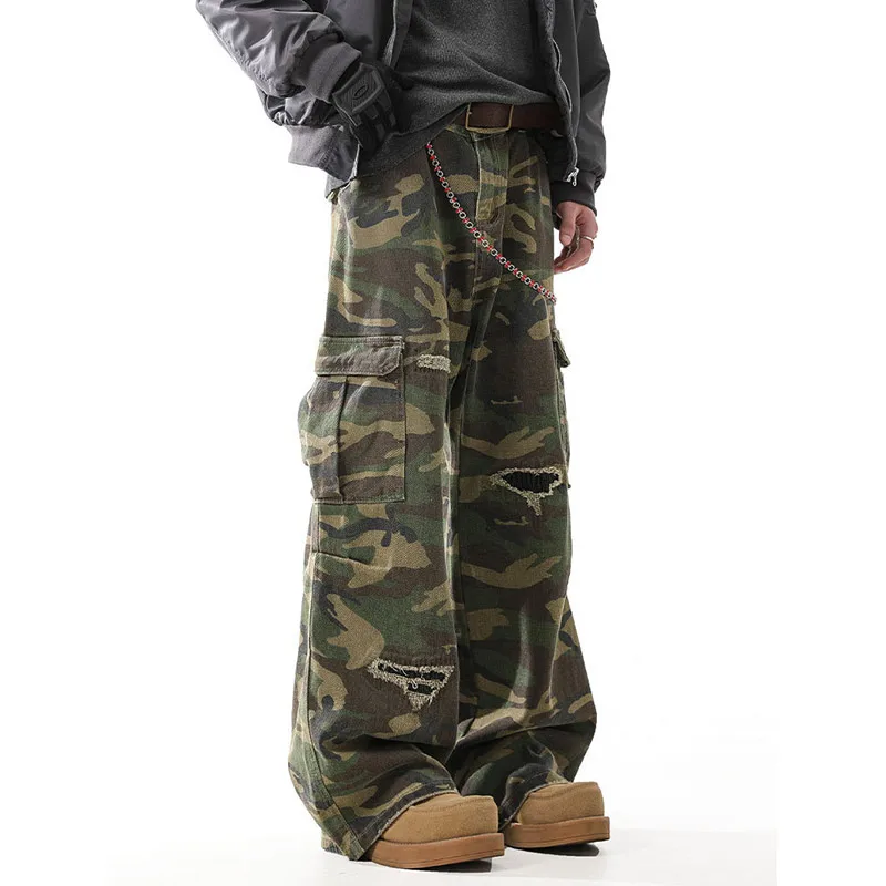 여성 스트리트웨어 빈티지 멀티 포켓 카모플라주 카고 진 2025 가을 미국 레트로 Y2K 데님 팬츠 와이드 레그 배기 바지
