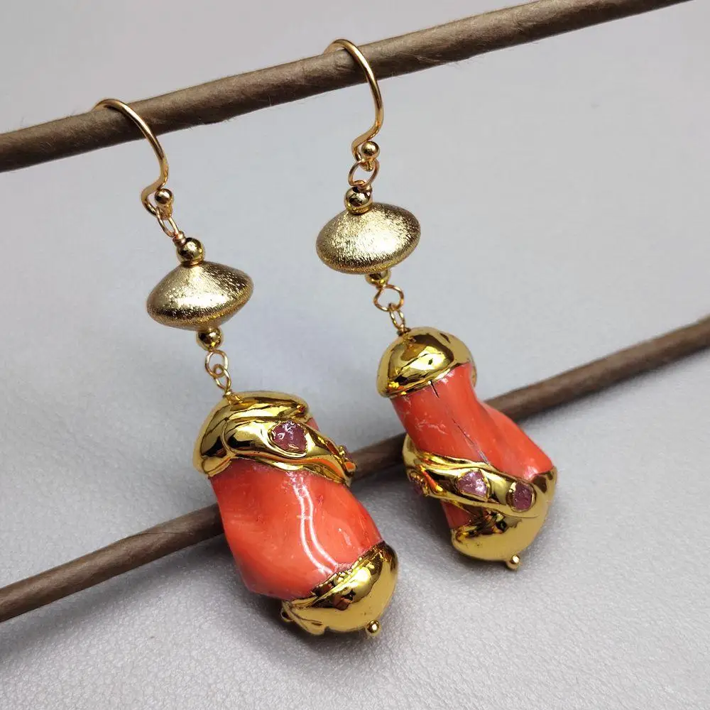 18x30mm Orange Coral Gold Plated Trimmed with Red Tourmaline Beads. Dangle Hook Earrings Elegant Holiday Jewelry
