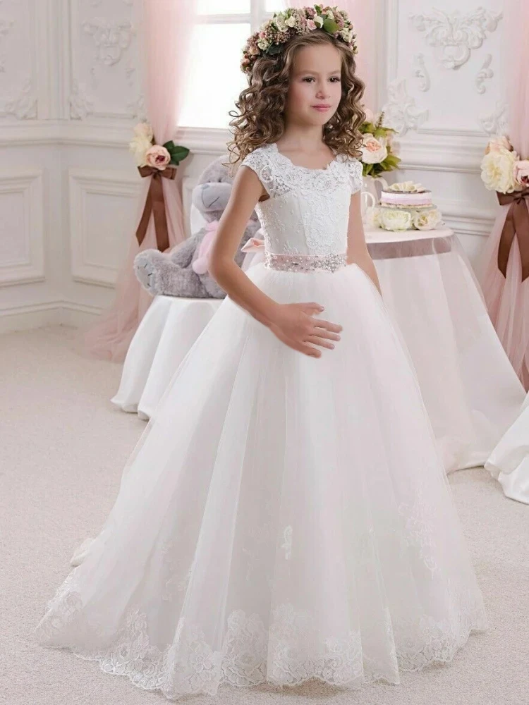 Ivory color Flower Girl dress bespoke elegant Lace tulle appliques bow kids formal occasion princess birthday prom wedding gown