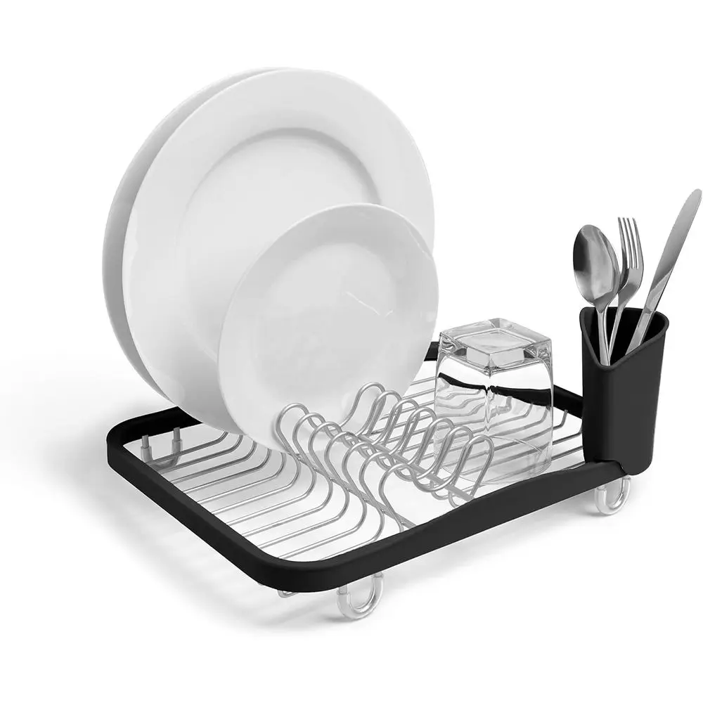 

Sinkin Dish Drying Rack – Drainer Caddy with Removable Cutlery Holder – Use in Sink or On Counter, Stand, Black/Nickel