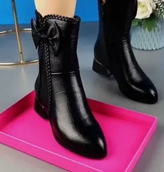 Cowboy Boots for Women High-top Faux Leather Winter Shoes Retro Womens Boots Heeled Ankle Boot Western Warm Plush Botas De Mujer