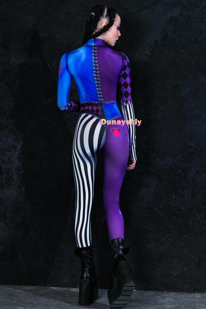 Costume de Cosplay Clown pour Femme, Catsuit, Combinaison d'Halloween, Sexy, Imprimé en 3D, Carnaval de Vacances, Zentai, Batterie, Tenue Féminine