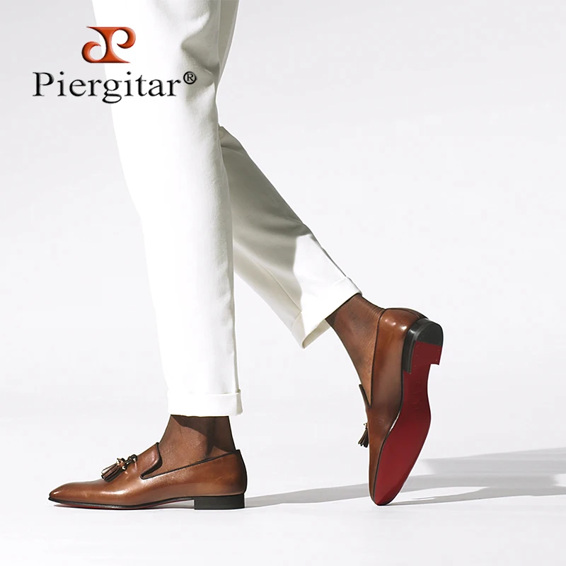 Piergitar Patinated Calf Leather Iconic Dandelion Loafers With Tassels Featuring Metal Spikes CL Brand Same Model Men Moccasins