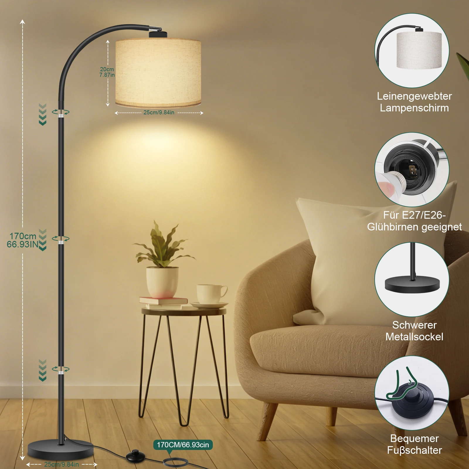 Bogenlampe Stehlampe 170cm Modern mit Beigem Leinen-Lampenschirm Verstellbarer Kopf Fußschalter LED E27 3000K Glühbirne Inklusive für Wohnzimmer Schlafzimmer