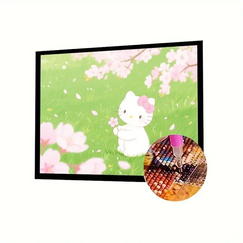 

1PC Hello Kitty Cherry Blossom Garden 5D Diamond Painting Kit - Cute Cartoon Full Drill DIY Craft Art, Peaceful Spring Scene Emb