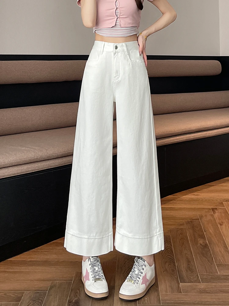 

Светло-бежевые женские летние тонкие широкие джинсы с высокой талией, прямые брюки с девятью точками, повседневные джинсовые брюки из смеси хлопка