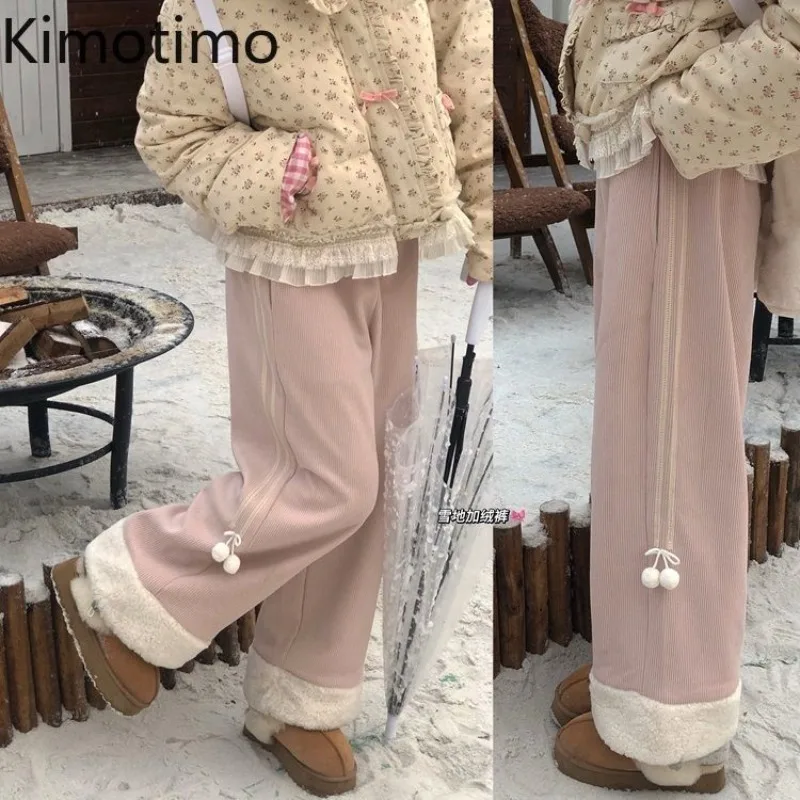 Kimotimo Cute Lamb Wool Splicing Corduroy Long Pants Women Japanese Kawaii Casual All Match Trousers Autumn Winter Streetwear