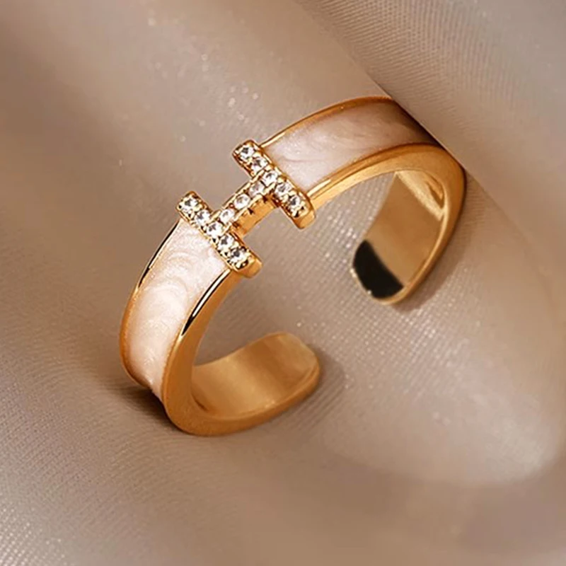 Zircon Rings For Women Opening Adjustable H Letter Gold Color Ring Stainless Steel Wedding Jewelry Fashion For Christmas Gifts