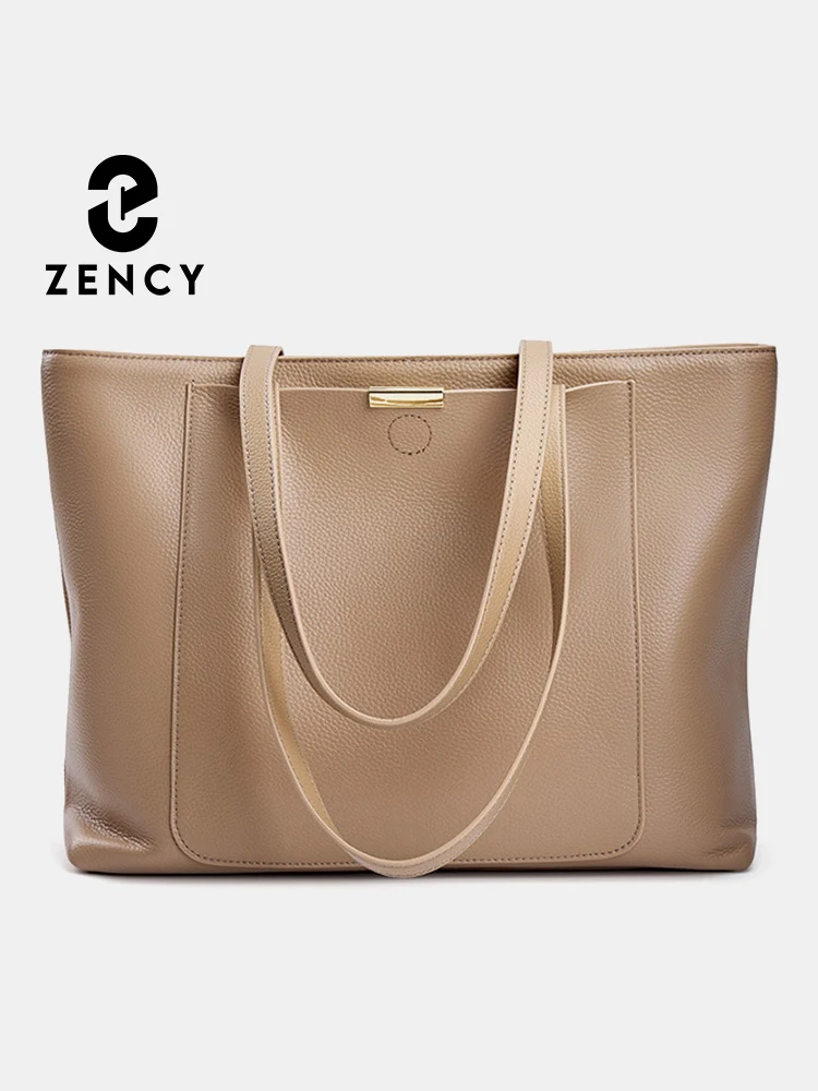 Zency Genuine Leather Women Shoulder Bag Tote Handbag Large Capacity Designer Shopping Bag Front Pocket For Notebook Phone iPad