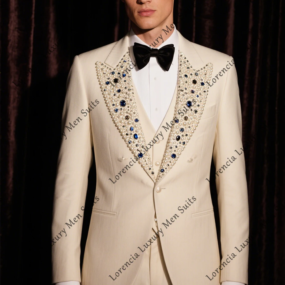 

Роскошные ювелирные изделия, мужские костюмы, 3-х предметные смокинги с жемчугом, вечерние наряды, пиджак на заказ, брюки, жилет ternos masculino completo