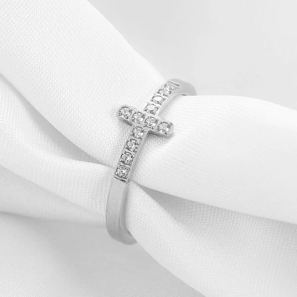 Moda stal nierdzewna 316L kanał CZ cyrkon krzyż pierścień z jasnymi eleganckimi kryształowymi pierścionki zaręczynowe dla kobiet Grils biżuteria — zdjęcie 6