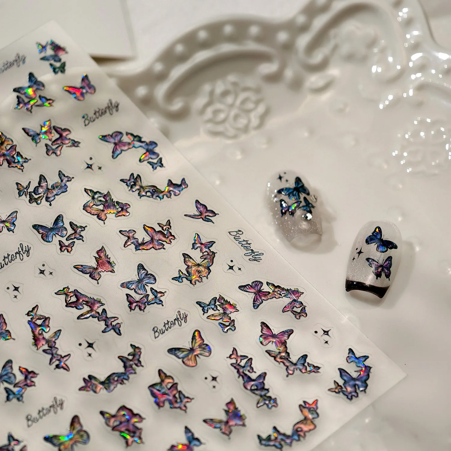 5D Glitter Dark Laser Aurora Magic Butterfly Cluster Sternenlicht selbstklebende Nagelkunst Aufkleber Abziehbilder Maniküre Ornamente Zubehör