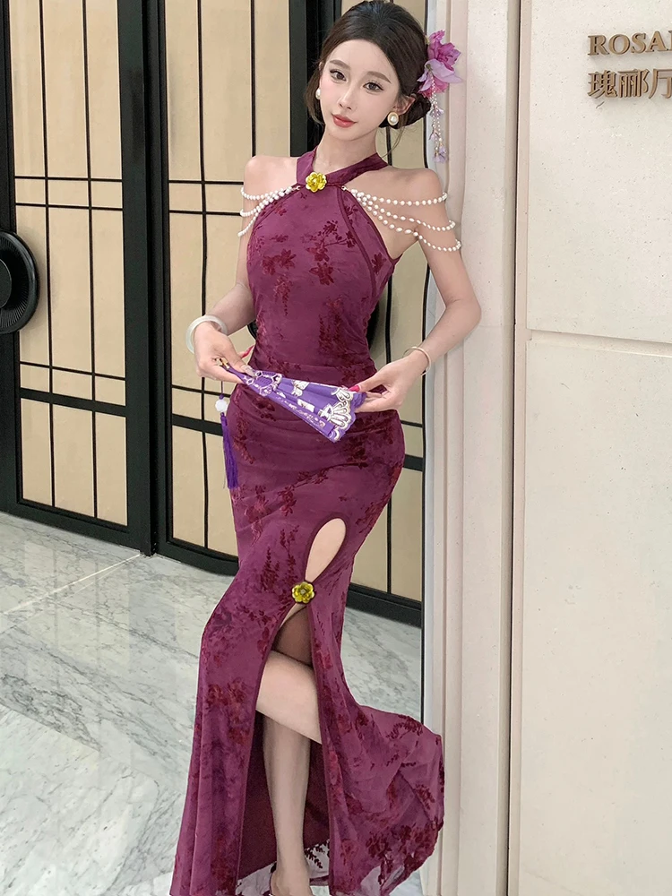 Robe longue en maille violette, motif Floral floqué, mode d'été, Chic, perles, col monté, Sexy, élégante, robe de soirée de luxe, 2025