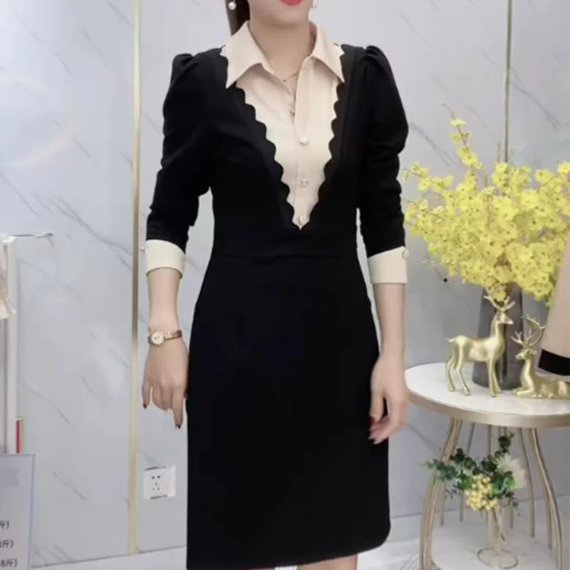 Vestido pequeño con cuello camisero para mujer en otoño e invierno nueva falda ajustada de longitud media ajustada a la cintura