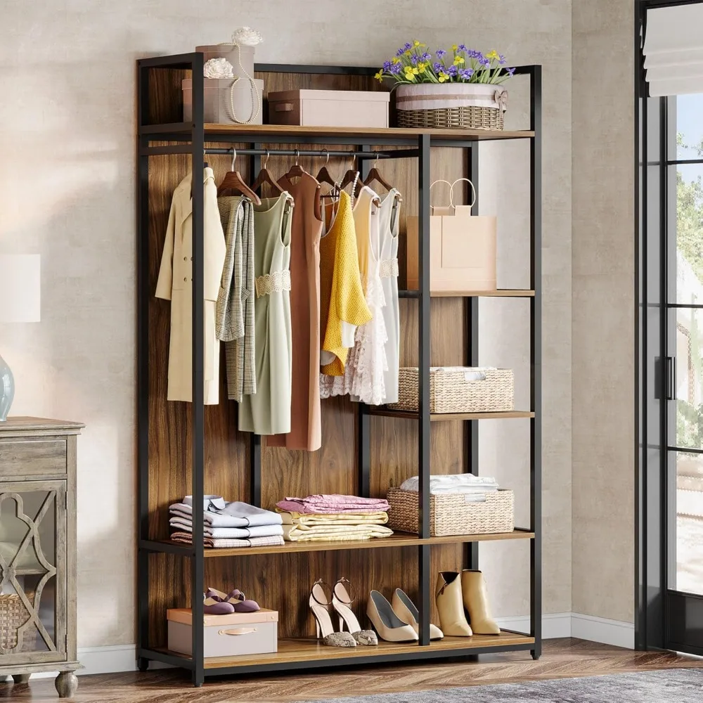 Free standing Wood Closet Clothes Rack,Heavy Duty Grament Rack with Shelves,Hanging Racks for Clothes Clothing Rack