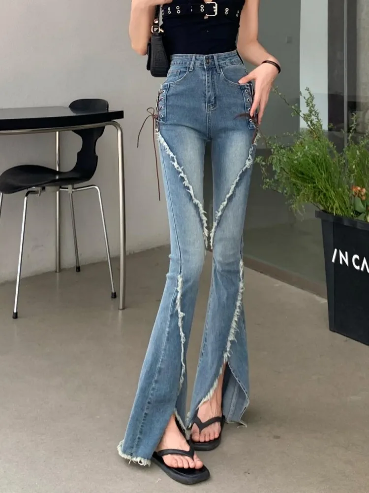 High Street Women Floor Length Side Lace Up Denim Pants Stretchy Slim Fit High Waist Vintage Tassels Jeans New Split Flare Pants