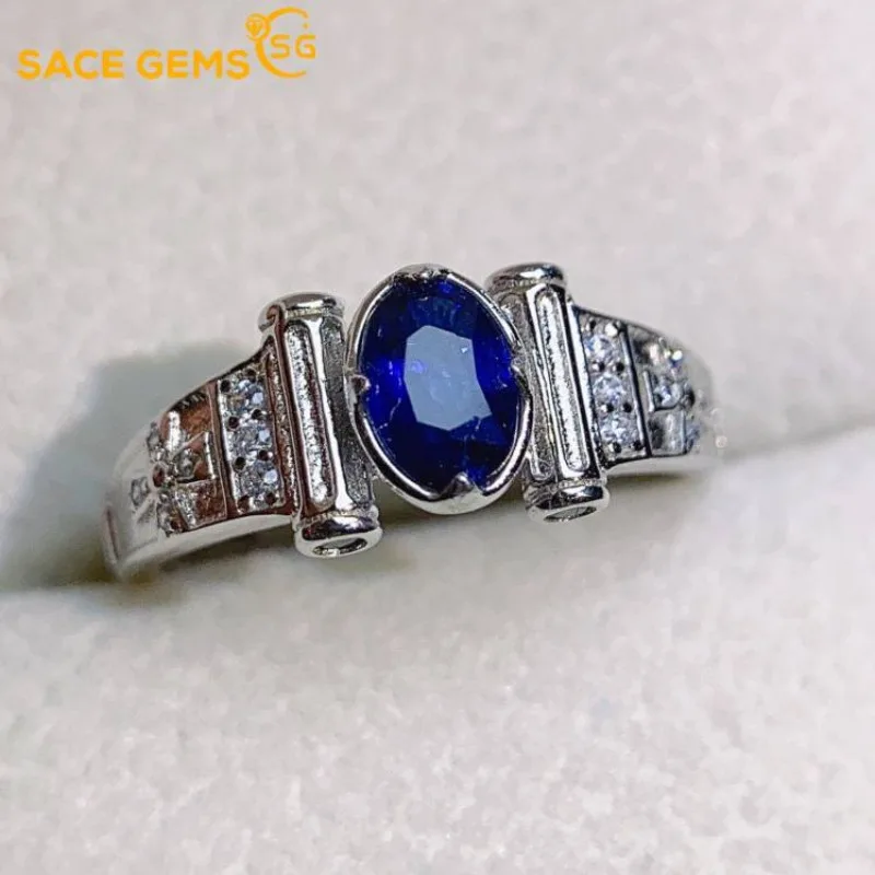 

SACE GEMS Fashion 925 Sterling Silver 4*6mm Natual Sapphire Luxury Rings for Women Created Wedding Engagement Party Fine Jewelry