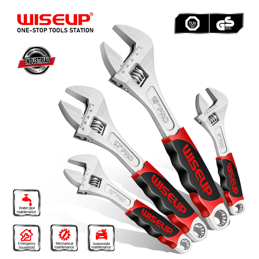 WISEUP 4 Styles Adjustable Wrench Professional Cr-V Forged With Anti-Slip Grip Wrenches Set Small Crescent Style Hand tools