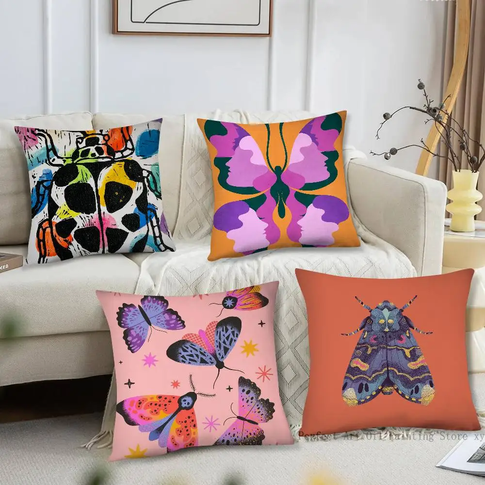 Butterfly Art Ladybug Tiger Moth Beetle Pillow Case Fashion Square Pillowcase Bedroom Sofa Room Ins Decoration Leisure