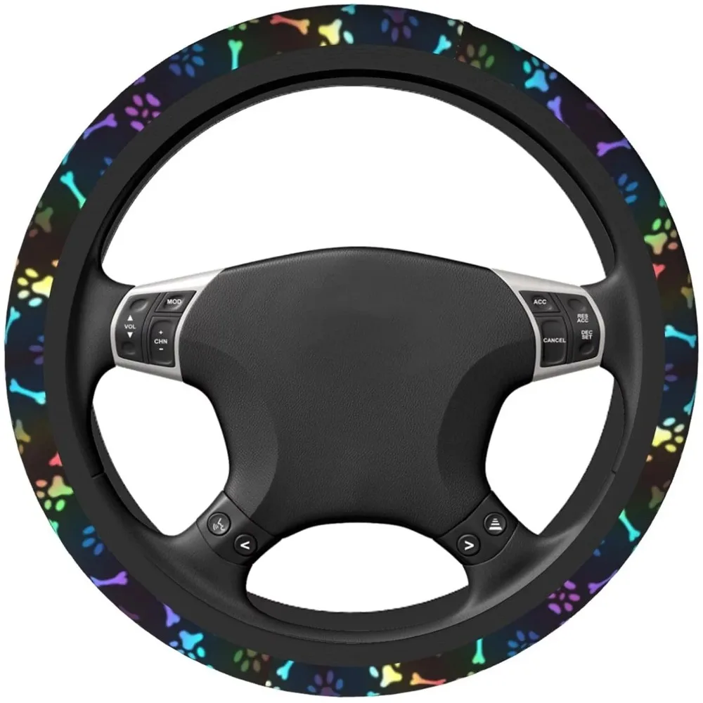 Black Rainbow Dog Paw Print Steering Wheel Cover Colorful Cute Bones Stearing Wheeler Covers Car Interior Accessories 15 Inch