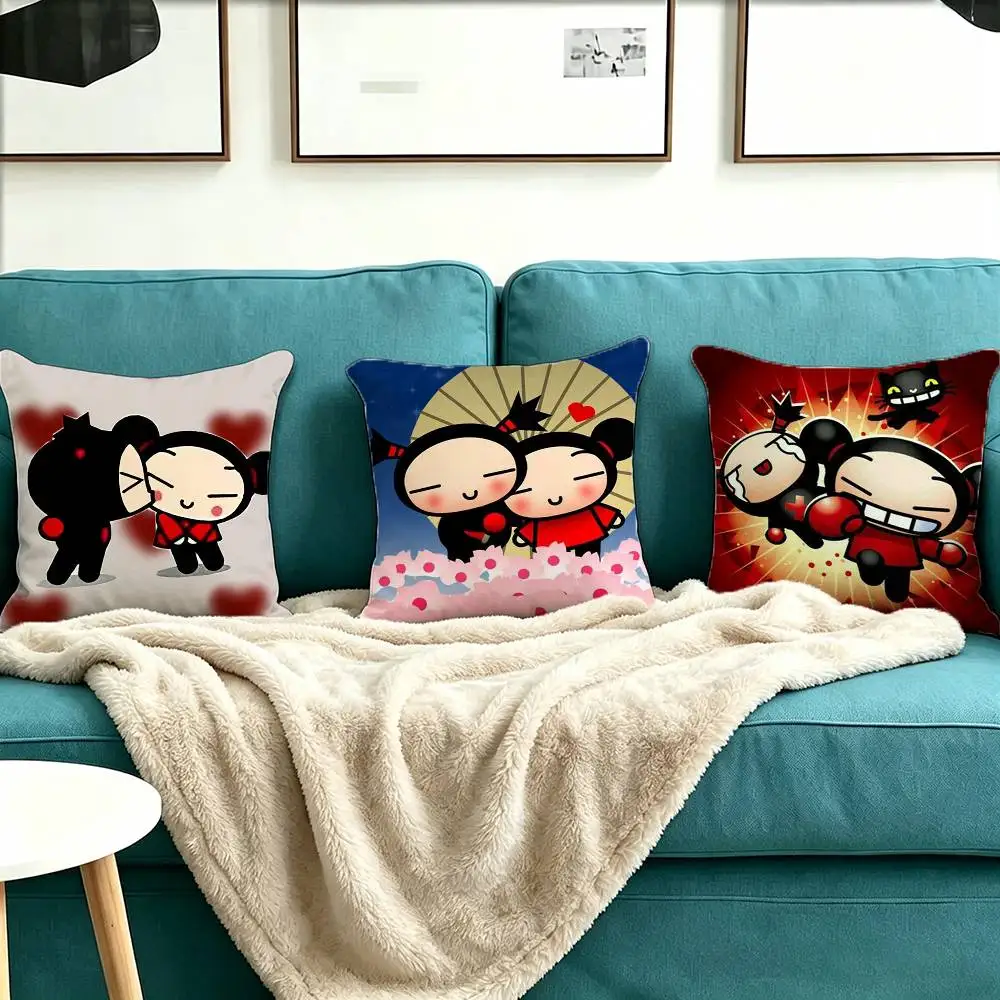 Kawaii P-Pucca Anime Square Double-Sided printed Pillow Case Bedroom Bedside Pillow Sofa Cushion Cover