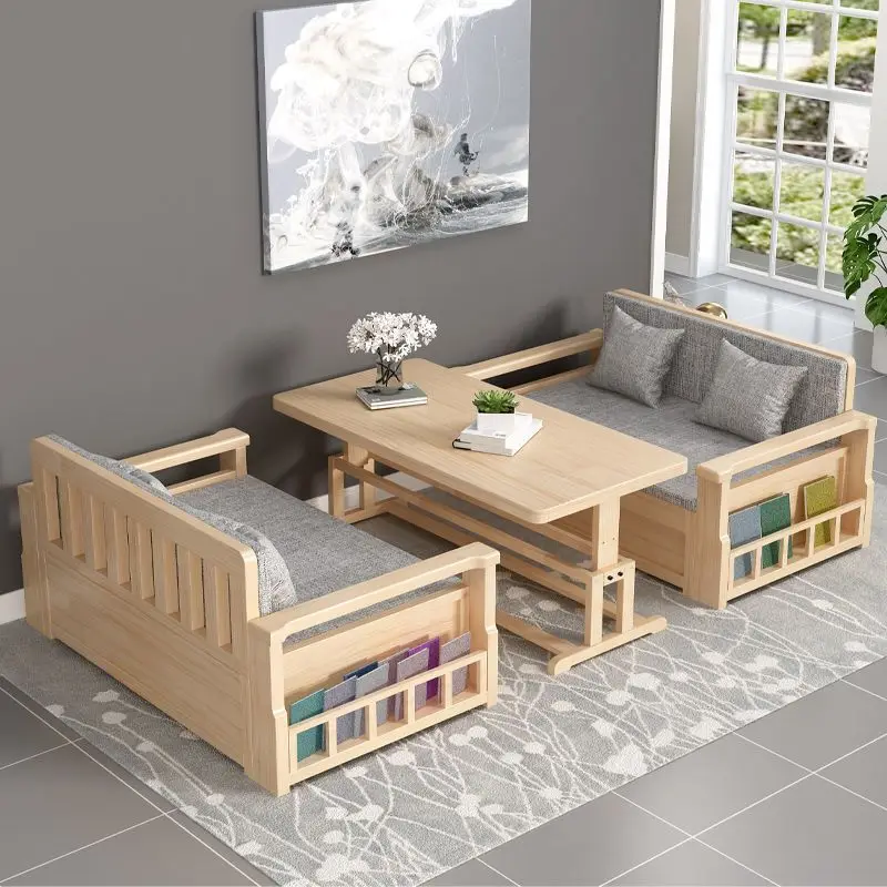 Solid wood sofa bed foldable lifting living room small apartment sitting and lying dual-purpose multi-function