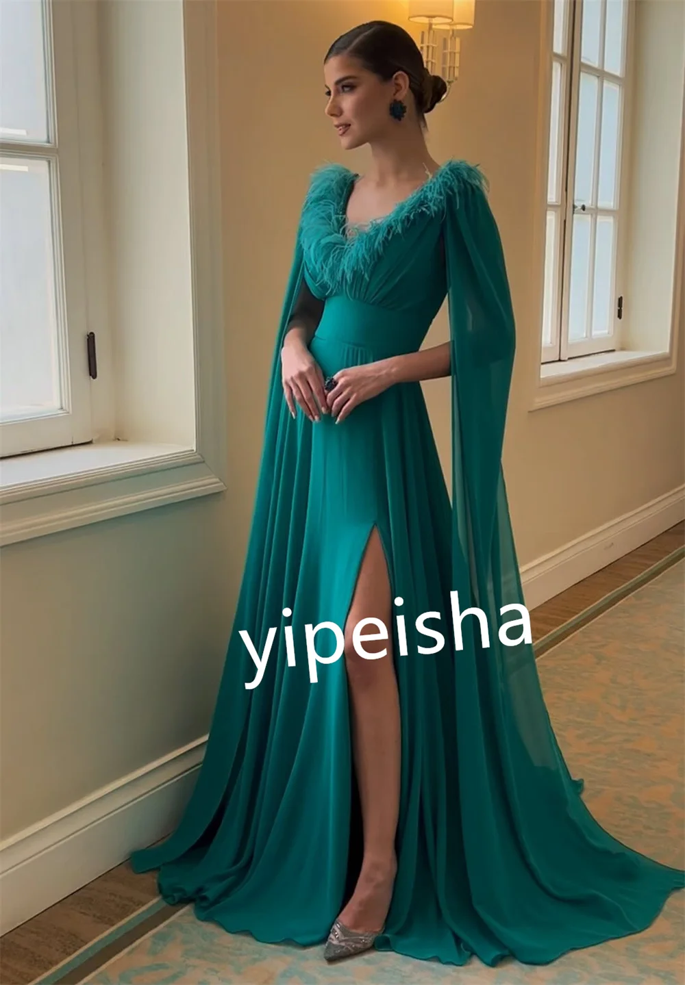 Customized Jersey Draped Feather Quinceanera A-line V-neck Bespoke Occasion Gown Long Dresses