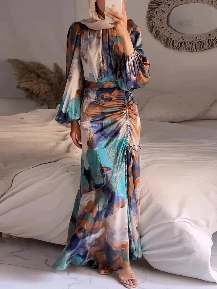 Tie Dye Dress Women Autumn Long Sleeve Colorful Printed Long Dresses Female Elegant Abaya Dubai Turkey Muslim Slim Robe Vestidos