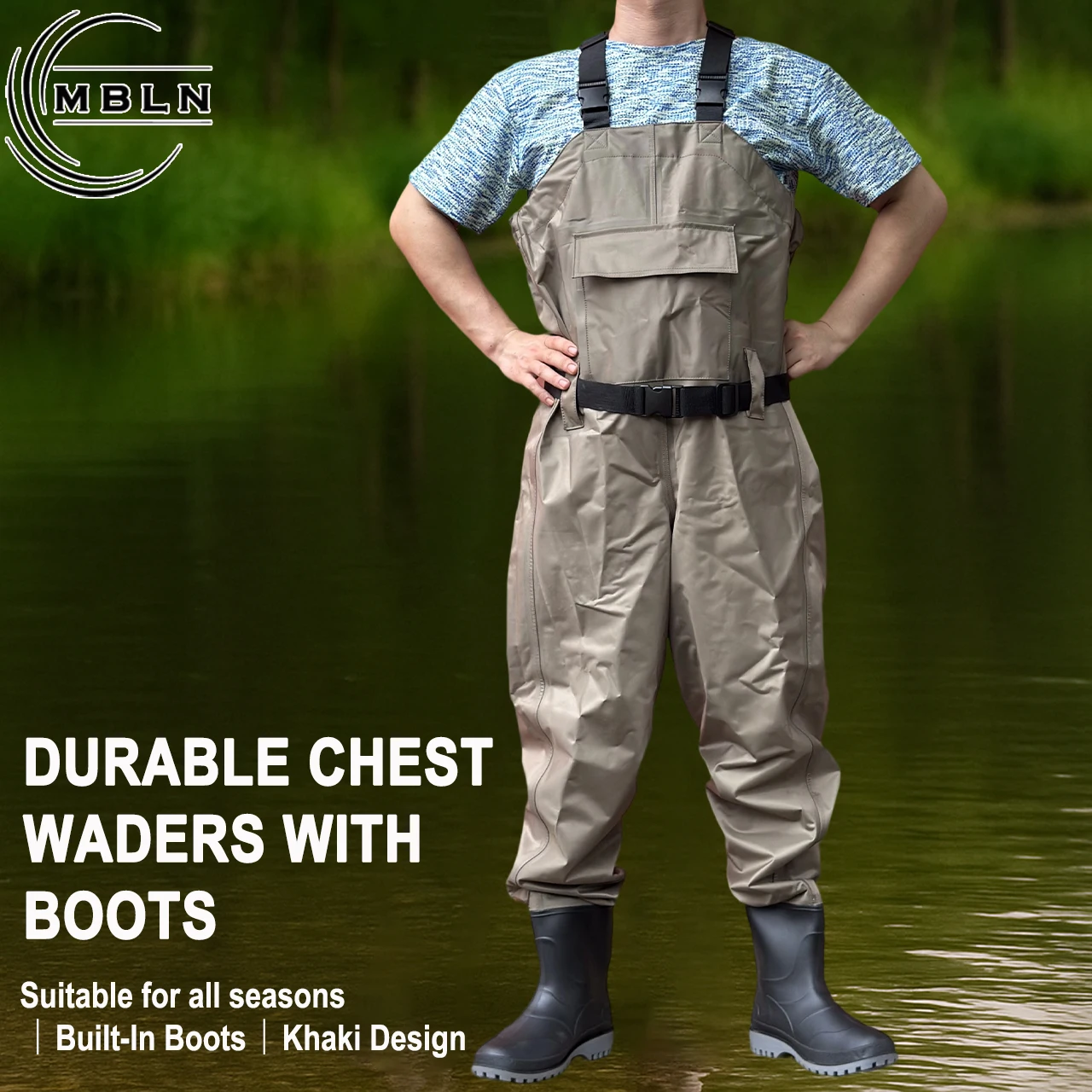 1 Stück Wathose zum Angeln mit Stiefeln, wasserdichte Nylonhose, verstellbare Träger, 170T, 15000MPa Wasserbeständigkeit, Khaki Outdoor-Ausrüstung – Detail 1