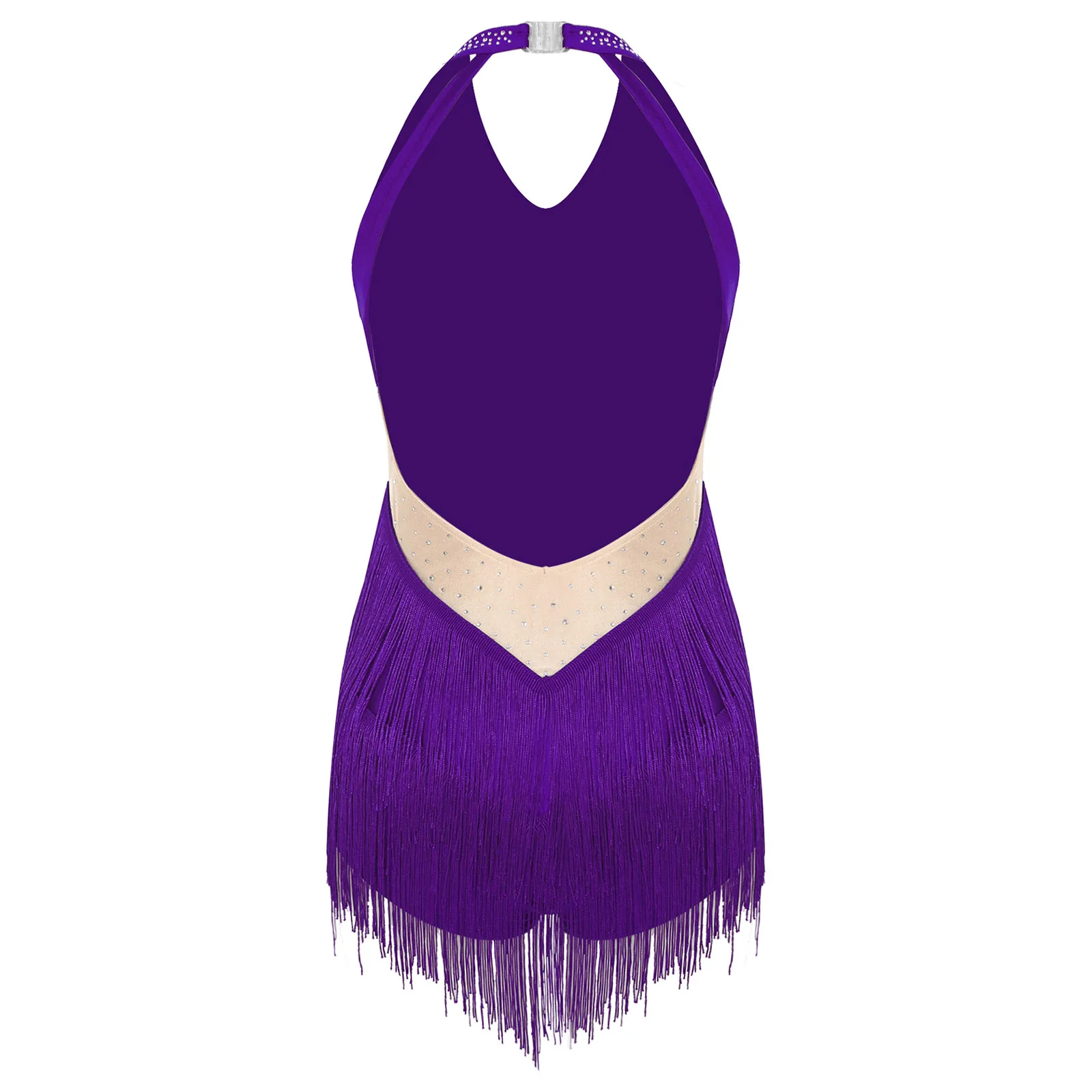 Womens Salsa Latin Dance Leotard Performance Costume Halter V-neck Backless Shiny Rhinestones Fringe Training Stage Costume