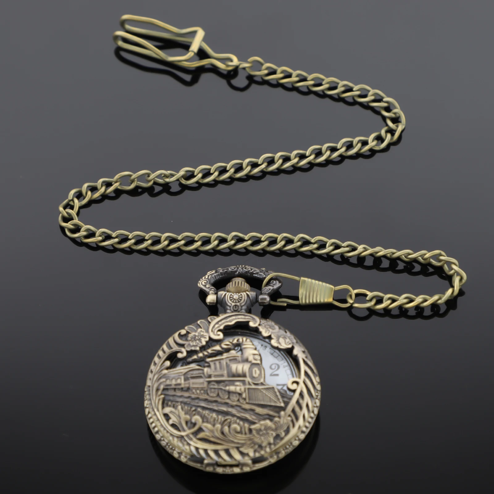 Orologio da taschino al quarzo con motore a treno in bronzo retrò, collana da donna, orologio a catena, migliori regali per uomo, miglior souvenir
