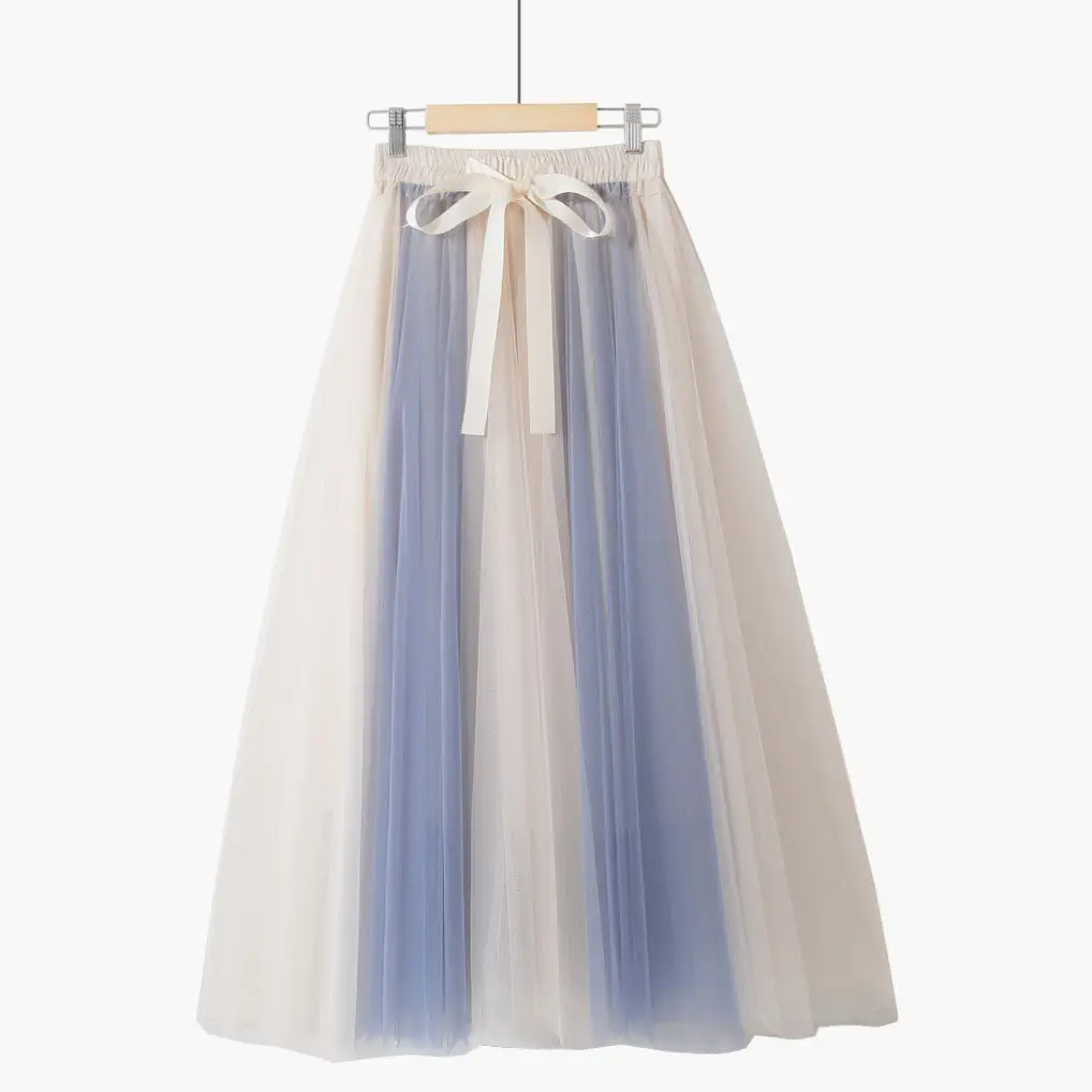 All-Match Slim-Fit Bow Tie Sash Retro Color-Block Paneled Midi Fairy Tulle Lace Skirt