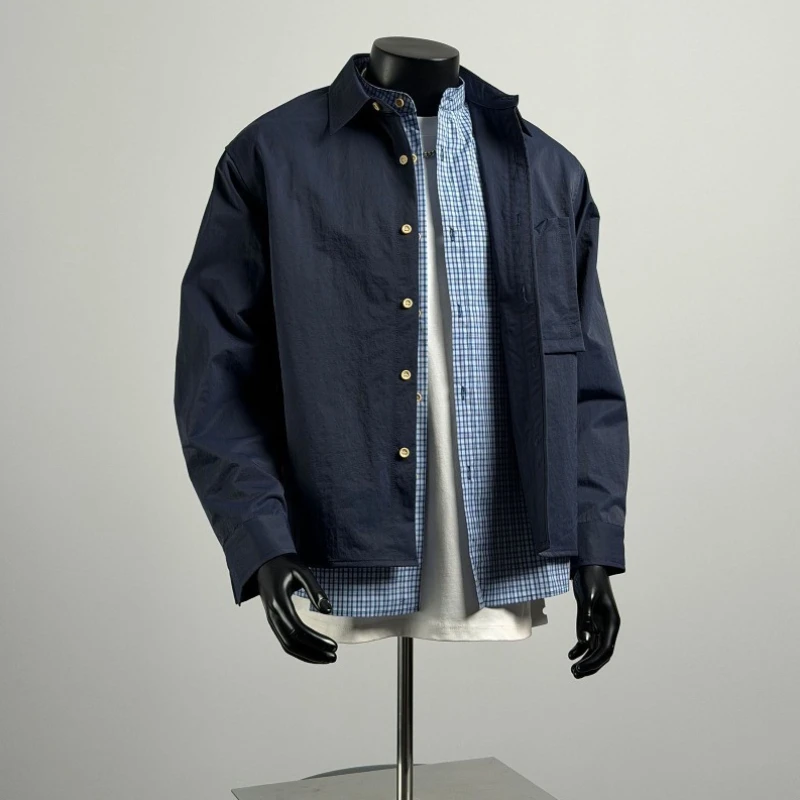 2026 New Men's Shacket Spring Casual Loose Fit Layered Look Shirts Jacket American Style Turn Down Collar Outerwear