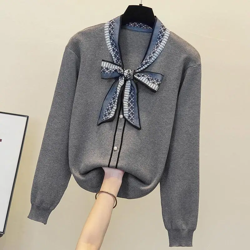 Elegant Temperament Scarf Collar Bow Knitwear Women Autumn Winter Simplicity Office Lady Sweater All-match Casual Knitting Tops