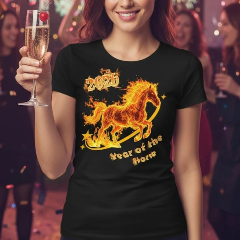 Flaming Horse 2026 Year of The Horse Tee Fiery Stallion T-Shirt Women Men Merry Christmas Shirt Harajuku Graphic T Shirts Tops