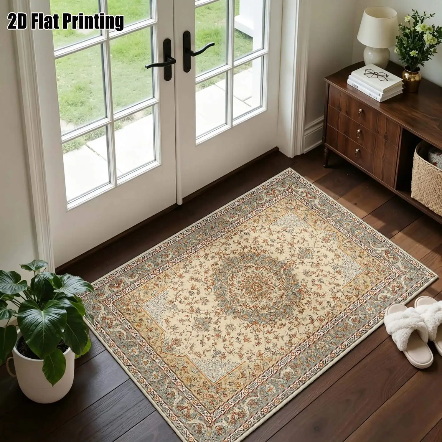 1Pc 2D Printed Carpet: Beige Floral & Geometric Patterns, Vintage/European/Bohemian Style Machine Washable, Available in Multiple Sizes, Ideal for Home Decor Such as Entryways, Dining Rooms, Bedrooms, Living Rooms.