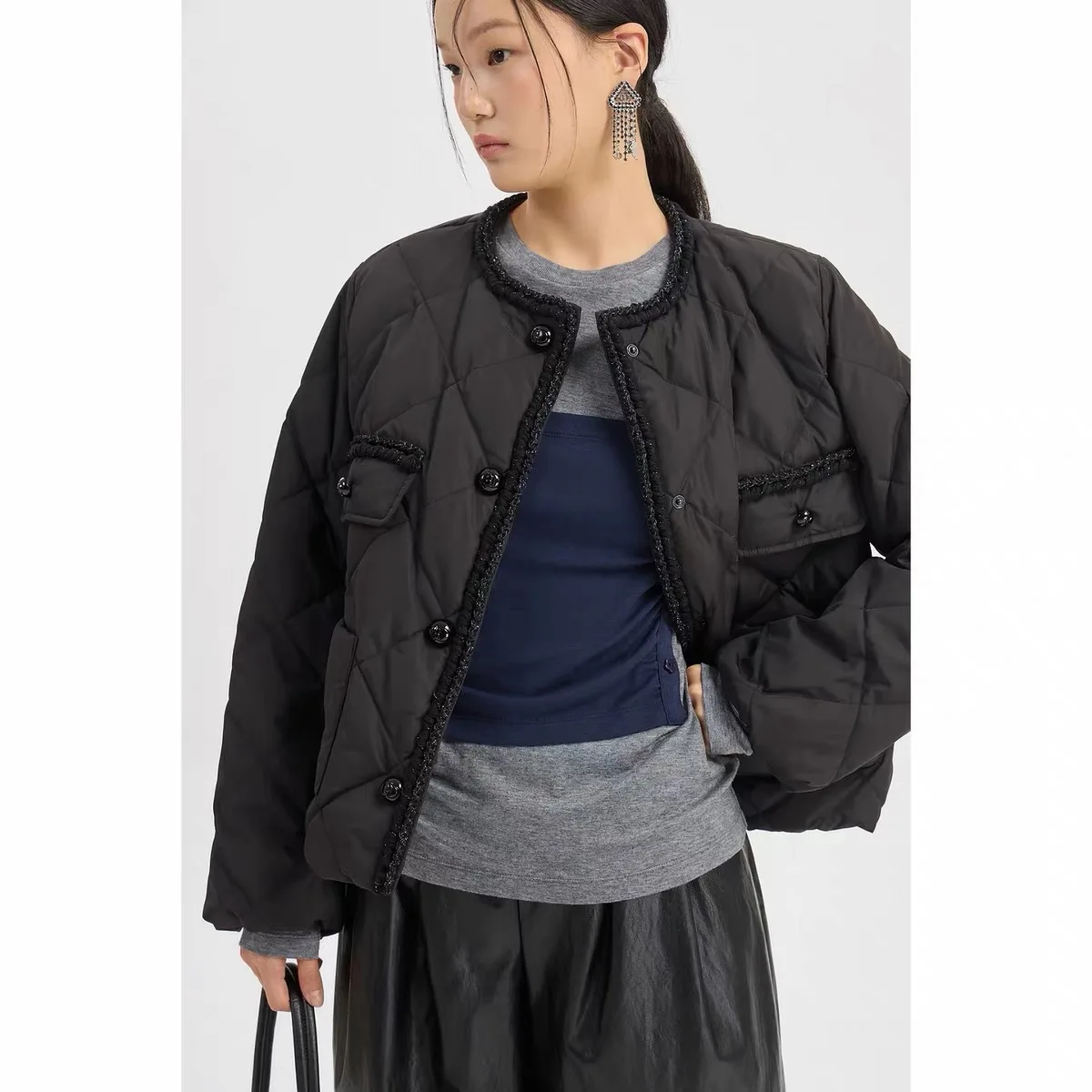 Elegant Short Goose down Jacket round Neck Quilted  Lemon Cheese LUC26 Autumn Fashion Commute Style Women's Coat
