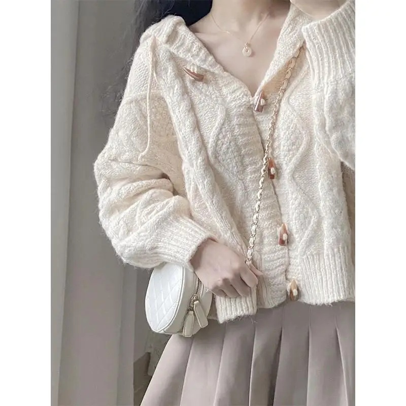 

Women Autumn Simplicity Loose Preppy Style Solid Color Long Sleeve Hooded Knitwear Ladies All-match Sweet Knitting Cardigan Coat