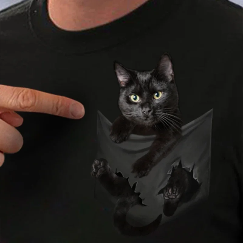

CLOOCL Black Cats Cotton T-Shirts Funny Animals Kitten Stickers Fake Pocket T-shirt Men Women Short Sleeve Shirts Dropshipping