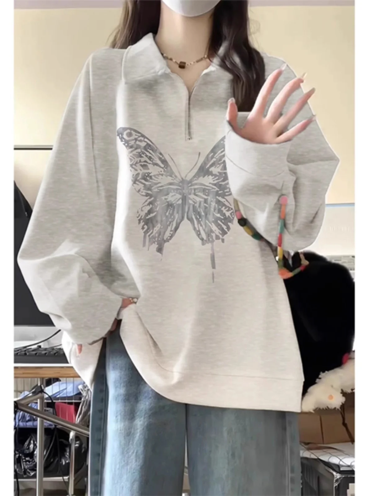 

Свободный американский свитшот на молнии с принтом, женский, больших размеров, с воротником, пуловер, верхняя одежда, осень-зима