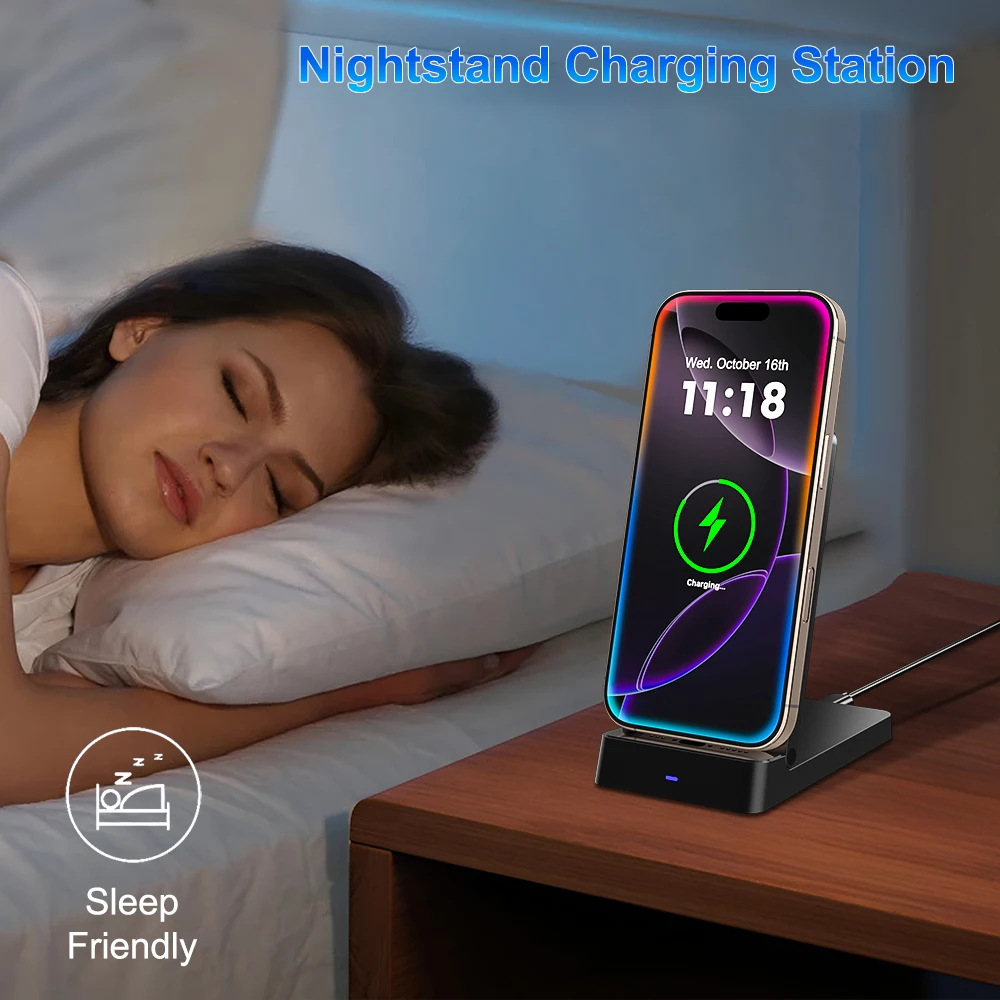 شاحن لاسلكي للهاتف سطح المكتب حامل قابل للطي حامل آيفون 16 15 14 13 12 برو ماكس سامسونج S24 Xiaomi محطة شحن سريعة