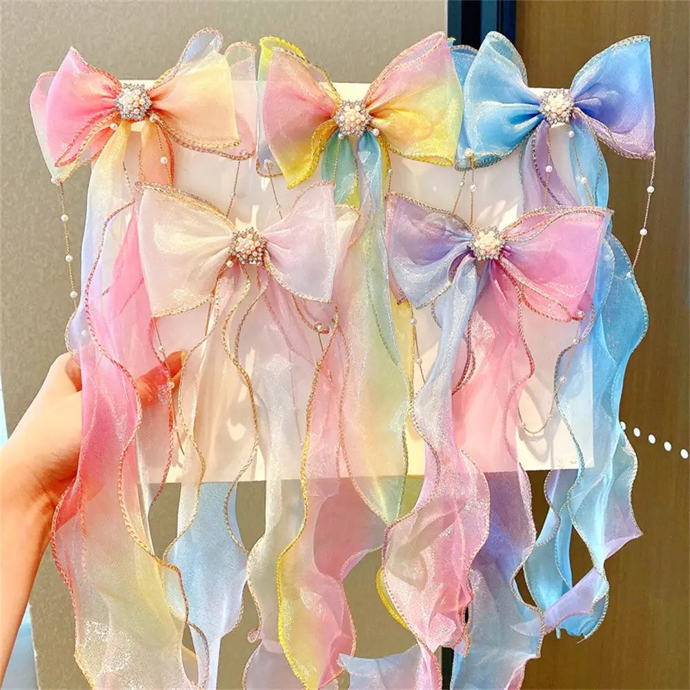 Hair Accessories Gradient Color Baby Girls Headwear Princess Hairpin Long Ribbon Hairpin Lace Bow Hair Clips Braided Hairpin