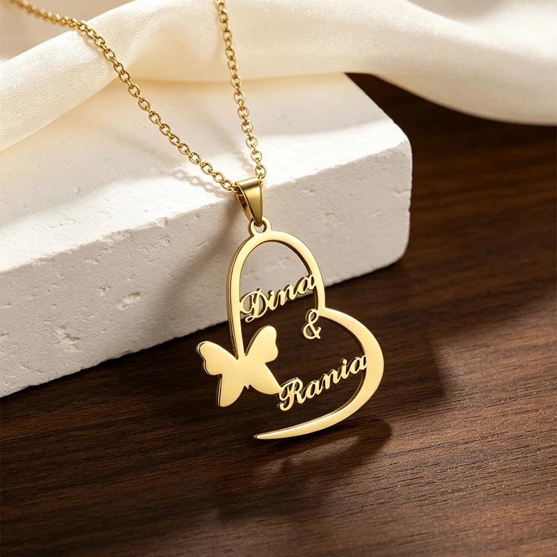 Custom Heart Butterfly Double Name Necklace Engraved Stainless Steel Pendant Delicate  Ornament Romantic Keepsake Jewelry Gift