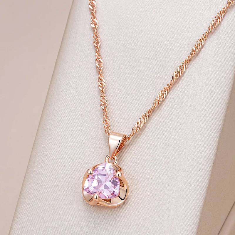 Kinel Hot Romantic Pink Natural Zircon Necklace For Women 585 Rose Gold Luxury Couple Gift Simple Pendant Daily Fine Jewelry